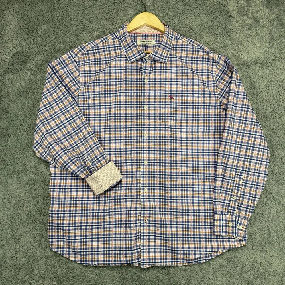 Tommy Bahama Sarasota Stretch Shirt Mens 2XL Purple Blue Plaid Flip Cuffs Pocket